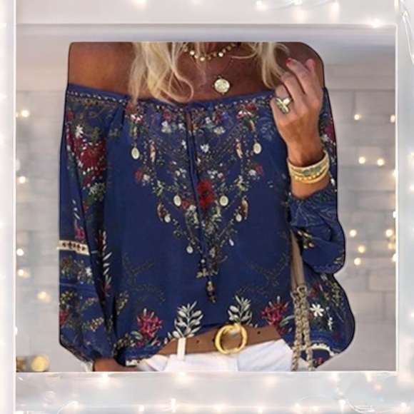 Amazon Tops - Amazon Women's Blue Floral Off-Shoulder Blouse